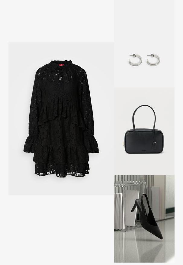 Vestido negro de encaje con mangas largas, volantes en los niveles, un cuello alto con lazos y un patrón floral texturizado en todo el vestido.; Zapato de tacón alto negro con punta afilada y tira en el talón, suspendido en el aire sobre un suelo brillante con carpetas apiladas en el fondo.; Bolso rectangular negro con asas dobles redondeadas, cremallera dorada y logo "HUGO" en relieve en el frente con etiqueta de cuero adjunta.; Pendientes de aro plateados con una superficie lisa y una fila de pequeñas piedras transparentes a lo largo del borde inferior, con cierre de perno.