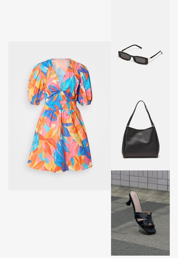 Robe courte colorée avec un décolleté en V plongeant, des manches bouffantes et une taille cintrée. Présente un motif de feuilles tropicales en rose, orange, bleu et vert.; Mule à talon noir à bout ouvert avec double brides et bout carré sur un pavé texturé devant un mur carrelé.; Lunettes de soleil noires rectangulaires avec des verres sombres, monture en plastique brillant et accents dorés sur les branches. Design minimaliste et forme épurée.; Sac à main en cuir synthétique noir avec une texture douce, forme hobo et doubles poignées; présente une finition brillante et un design minimaliste.