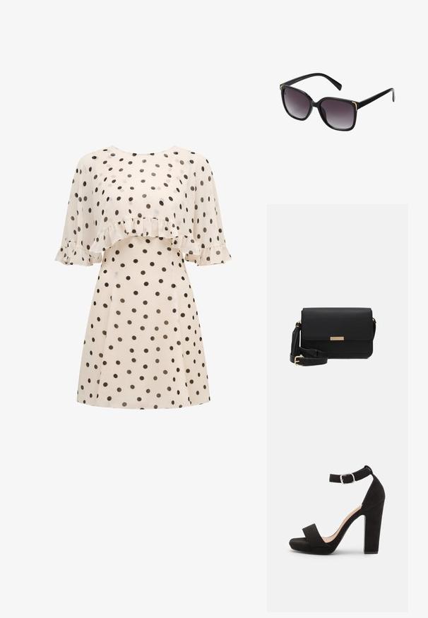Cremefarvet kjole med sorte prikker, der har en rynket overlay på brystet og korte, svungne ærmer med rynke-detaljer.; Anna Field by Zalando Sandaler - black; Sorte solbriller med gradient grå linser, overdimensionerede firkantede stel med guldfarvede detaljer i hjørnerne og slanke sorte stænger.; Sorte læder crossbody taske med flaplukning, guldfarvede Hardware, justerbar rem og tekstureret overflade. Kompakt rektangulær form.