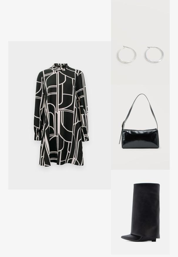 Zwarte jurk met lange mouwen, abstracte witte geometrische lijnen, hoge kraag met kleine ruches en een lichte A-lijn silhouet.; Zwarte leren enkellaarzen met een hoge cilindervormige schacht, puntige neus en lage platte hak, met een gladde textuur en minimalistisch ontwerp.; Zwarte rechthoekige schoudertas met een enkele verstelbare band en een bovenste ritssluiting op een effen achtergrond.; Zilverkleurige metalen creolen oorbellen met een glad, licht gebogen oppervlak en sluitingen met haaksluiting op een effen witte achtergrond.
