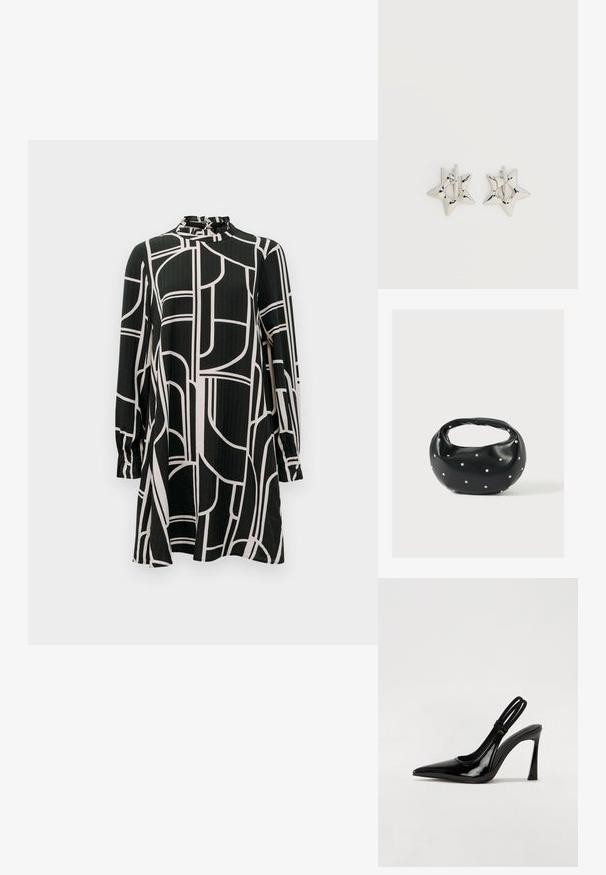 Zwarte jurk met lange mouwen, abstracte witte geometrische lijnen, hoge kraag met kleine ruches en een lichte A-lijn silhouet.; Zwarte gepatineerde leren slingback pump met puntige neus, slanke hoge hak en dubbele elastische band voor een veilige pasvorm. Gladde, glanzende oppervlakte.; Zwarte leren handtas met een afgeronde vorm, versierd met zilveren studs, en een korte handgreep. Gladde textuur en ritsluiting.; Zilverkleurige stervormige oorringen met een gladde, gepolijste afwerking op een effen witte achtergrond.