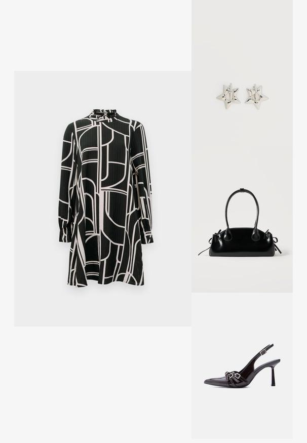 Sort langærmet kjole med abstrakte hvide geometriske linjer, høj krave med små flæser og let A-formet silhuet.; Sort slingback højhælet sko i laklæder med spids tå og tre dekorative spænder over vristen.; Lille sort blank håndtaske med to lange håndtag og snøre-detaljer i siden på en ensfarvet lys baggrund.; Sølv stjerneformede øreringe med en glat, poleret finish på en ensfarvet hvid baggrund.