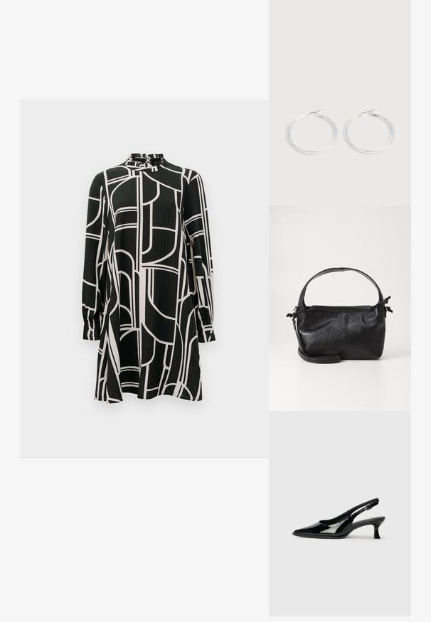 Sort langærmet kjole med abstrakte hvide geometriske linjer, høj krave med små flæser og let A-formet silhuet.; Sorte patenterede slingback-sko med spidse tæer og lav blokhæl. Justerbar spænde-rem ved anklen.; Sort læderhåndtaske med et struktureret design, rund tophåndtag og aftagelig skulderrem. Den har en glat tekstur og en subtil glans.; Par skinnende sølvøreringe med tynde trådlåse, vist på en lys grå baggrund.