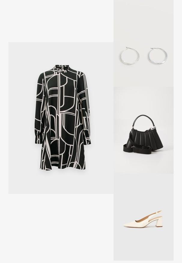 Zwarte jurk met lange mouwen, abstracte witte geometrische lijnen, hoge kraag met kleine ruches en een lichte A-lijn silhouet.; Slingback pump van glanzend crèmekleurig lakleer, met een spitse neus en een stevige blokhak voor stabiliteit. Minimalistisch ontwerp, zonder versieringen.; Zwarte geplooide handtas met een ronde handgreep, verstelbare schouderriem en glanzende textuur. Heeft zilveren hardware en een gestructureerde silhoutte.; Zilverkleurige metalen creolen oorbellen met een glad, licht gebogen oppervlak en sluitingen met haaksluiting op een effen witte achtergrond.