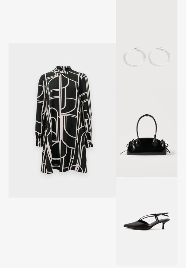Zwarte jurk met lange mouwen, abstracte witte geometrische lijnen, hoge kraag met kleine ruches en een lichte A-lijn silhouet.; Zwarte leren pumps met spits toelopende neus, kittenheel met dunne enkelriem en gesp, slingback ontwerp, op een effen lichte achtergrond.; Kleine zwarte glanzende handtas met twee lange hengsels en zijkant trekkoord details op een effen lichte achtergrond.; Een paar glanzende zilveren oorringen met dunne draadafsluitingen, getoond op een lichtgrijze achtergrond.