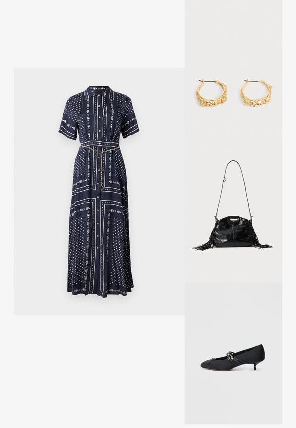 Robe longue bleu marine à manches courtes, motifs cachemire et points blancs, boutons à l'avant, col, et une fine ceinture chaîne dorée à la taille.; Chaussures en satin noir à talons bas avec un bout pointu, ornées d'un nœud décoratif et de fines brides en cuir avec des accents dorés.; Sac à main en cuir noir brillant avec une longue fine bandoulière et des pompons à franges des deux côtés sur un fond clair.; Paire de boucles d’oreilles créoles couleur or avec embossage floral et feuillage orné sur un fond neutre.