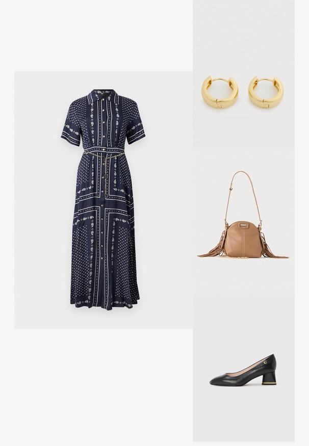 Robe longue bleu marine à manches courtes, motifs cachemire et points blancs, boutons à l'avant, col, et une fine ceinture chaîne dorée à la taille.; Escarpin en cuir noir avec un bout pointu, un talon bloc arrondi orné d'accent doré et une texture lisse. Intérieur doublé. Design simple.; Petit sac à bandoulière en cuir fauve avec longue bandoulière, détail chaîne dorée et franges des deux côtés sur un fond neutre.; Boucles d'oreilles créoles en or avec une finition lisse et polie, une forme circulaire et une fermeture à charnière. Le design est contemporain et minimaliste.
