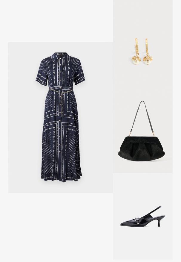 Robe longue bleu marine à manches courtes, motifs cachemire et points blancs, boutons à l'avant, col, et une fine ceinture chaîne dorée à la taille.; Chaussure à talon bas en cuir verni noir avec bride arrière, bout pointu et détail boucle argentée sur fond blanc uni.; Sac à main noir texturé avec une finition en fausse fourrure douce. Présente un design froncé, un fond plat et une sangle en cuir mince et réglable. Accents en matériel doré.; Boucles d'oreilles créoles en or avec des perles blanches pendantes serties d'or et de petits cristaux clairs sur un fond clair uni.