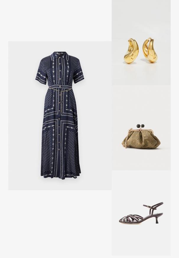 Robe longue bleu marine à manches courtes, motifs cachemire et points blancs, boutons à l'avant, col, et une fine ceinture chaîne dorée à la taille.; Sandale à talon kitten en cuir marron foncé avec lanières et bride de cheville réglable à boucle sur fond blanc.; Petite pochette avec motif géométrique doré et noir, cadre en métal doré, fermeture à boule noire et une courte chaîne dorée.; Boucles d'oreilles en or en forme de d'anneaux lisses et courbés avec une finition polie. Équipées d'un mécanisme de fermeture et de légères indentations pour le détail.