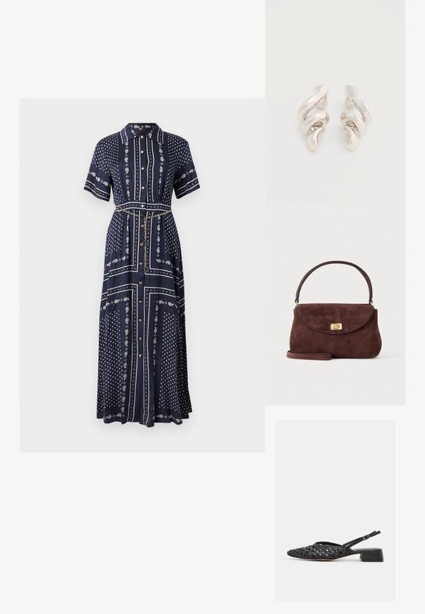 Robe longue bleu marine à manches courtes, motifs cachemire et points blancs, boutons à l'avant, col, et une fine ceinture chaîne dorée à la taille.; Chaussure slingback en cuir tressé noir avec talon bas carré et bride réglable à boucle, vue de côté sur fond blanc.; Petit sac à main en daim marron avec un rabat courbe, une fermeture à tour dorée, une poignée courte et une bandoulière optionnelle sur un fond uni.; Boucles d'oreilles clips en métal argenté torsadé avec une finition lisse et brillante, présentant un design moderne et abstrait en spirale.