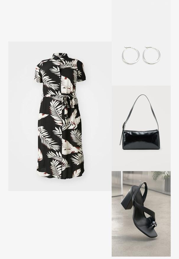 Schwarzes knopfbares Kleid mit einem weißen und burgunderfarbenen tropischen Blattmuster, kurzen Ärmeln, einem Bindegürtel in der Taille und einer fließenden Silhouette.; Schwarze Leder-Sandalette mit hohen Absätzen, breitem Riemen, Zehenring und silberner Verzierung auf einem glatten, hellgrauen Boden. ; Schwarze rechteckige Schultertasche mit einem verstellbaren Riemen und einem oberen Reißverschluss vor einfachem Hintergrund.; Silberne Creolen zeichnen sich durch ein glattes, rundes Design mit einem schlanken Profil und einem sicheren Verschluss aus. Minimalistischer Stil mit glänzender Oberfläche.
