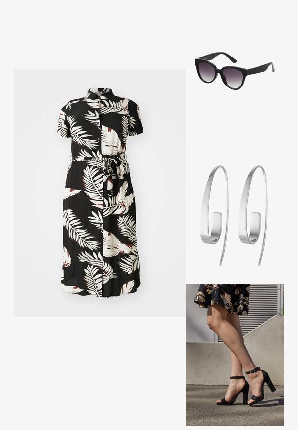 Schwarzes knopfbares Kleid mit einem weißen und burgunderfarbenen tropischen Blattmuster, kurzen Ärmeln, einem Bindegürtel in der Taille und einer fließenden Silhouette.; Schwarze Wildleder-High-Heelsandalen mit einem Knöchelriemen und einer Schnalle, offener Zehenpartie und einem stabilen Absatz. Glatte Textur und minimalistischer Stil.; Schwarze Cat-Eye-Sonnenbrille mit grauen Verlaufslinsen. Dicke, glänzende Kunststoffrahmen und sich verjüngende Bügel. Keine sichtbaren Marken oder Verzierungen.; Silberne Creolen mit einem schlanken, elongated Design. Aus poliertem Metall gefertigt, zeichnen sie sich durch eine glatte Textur und einen minimalistischen Stil aus.