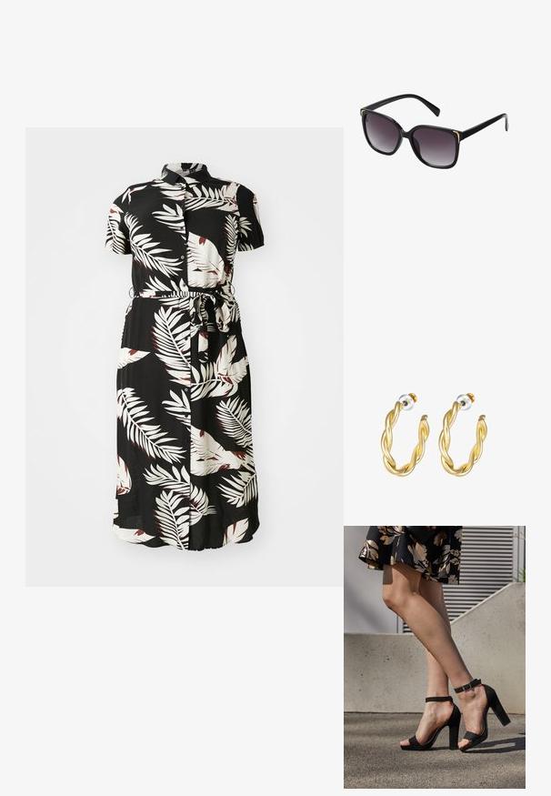 Schwarzes knopfbares Kleid mit einem weißen und burgunderfarbenen tropischen Blattmuster, kurzen Ärmeln, einem Bindegürtel in der Taille und einer fließenden Silhouette.; Schwarze Wildleder-High-Heelsandalen mit einem Knöchelriemen und einer Schnalle, offener Zehenpartie und einem stabilen Absatz. Glatte Textur und minimalistischer Stil.; Schwarze Sonnenbrille mit grauen Verlaufslinsen, übergroße quadratische Fassung mit goldenen Akzentdetails an den Ecken und schlanken schwarzen Bügeln.; Goldene, gedrehte Creolen mit glatter Oberfläche, ausgestattet mit transparentem Rücken und goldfarbenen Beschlägen.