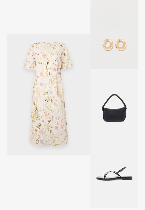 Blomstret kjole med korte ærmer, lys beige stof med flerfarvede blomster mønstre, taljebind, knælangt design.; Sort flad sandal med tynde stropper, guldring ved tåen og justerbar ankelspænde, vist mod en ensfarvet hvid baggrund.; Sort håndtaske med en rund form, lavet af glat materiale. Har et flet håndtag og en lynlåslukning for sikker opbevaring.; Par af uregelmæssigt formede, polerede øreringe i guldfarvet metal med åben midte på en ens hvid baggrund.