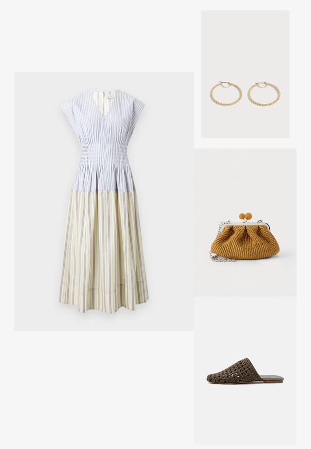 Sleeveless midi dress with V-neck, fitted ruched bodice, and pleated skirt in vertical blue and beige stripes.; Brown woven slip-on mule with a flat sole and closed rounded toe on a white background.; Small brown woven clutch purse with silver metal frame, two round wooden clasps, and a short silver chain strap on a white background.; Pair of medium-sized gold hoop earrings with a textured, beaded design on a plain light background.