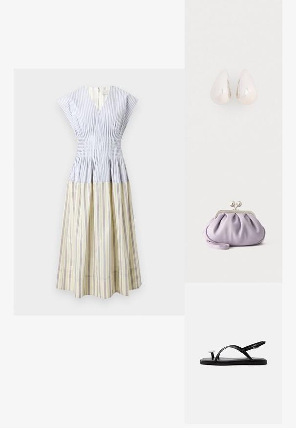 Sleeveless midi dress with V-neck, fitted ruched bodice, and pleated skirt in vertical blue and beige stripes.; Black flat sandal with thin crossed straps, ankle buckle, and a large round white pearl-like decoration over the toe post.; Soft lavender clutch purse with gathered fabric, silver kiss-lock clasp, and matching wrist strap on a plain light background.; Silver metal drop earrings with a smooth, reflective surface and teardrop shape, featuring a seamless design and no visible embellishments.