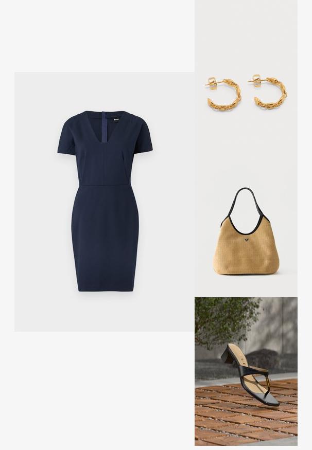 Mørkeblå tætsiddende kjole med V-udskæring og korte ærmer. Syningsdetaljer på bodice og nederdel, lavet af et glat stof. Lynlås bagpå.; Sort hælsandal med tå-loop og gyldent accent, placeret på en træ- og stenbelagt overflade udendørs nær grønne områder.; Beige vævet skuldertaske med sort kant og håndtag, med en lille trekantet logo plaque centreret på fronten.; Par af små gyldne snoede hooped-øreringe med stifter og sommerfuglebeslag på en hvid baggrund.