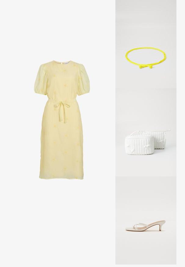 Lichtgele midi-jurk met pofmouwen, ronde halslijn, stoffen riem geknoopt om de taille en subtiele bloemenborduursels overal.; Witte blokhak sandalen hebben dunne banden en een vierkante teenontwerp. De hak is ongeveer van gemiddelde hoogte en heeft een gladde afwerking.; Twee witte textiele cosmetica tassen, waarvan er één rechthoekig is met een bovenhandgreep, met een geribbelde textuur en kleine strikjes aan de zijkanten. De andere is cilindrisch.; Geel parel choker ketting met een gedraaide ontwerp en knoopdetail aan de voorkant, met een gladde textuur en een evenredige tussenruimte tussen de parels.