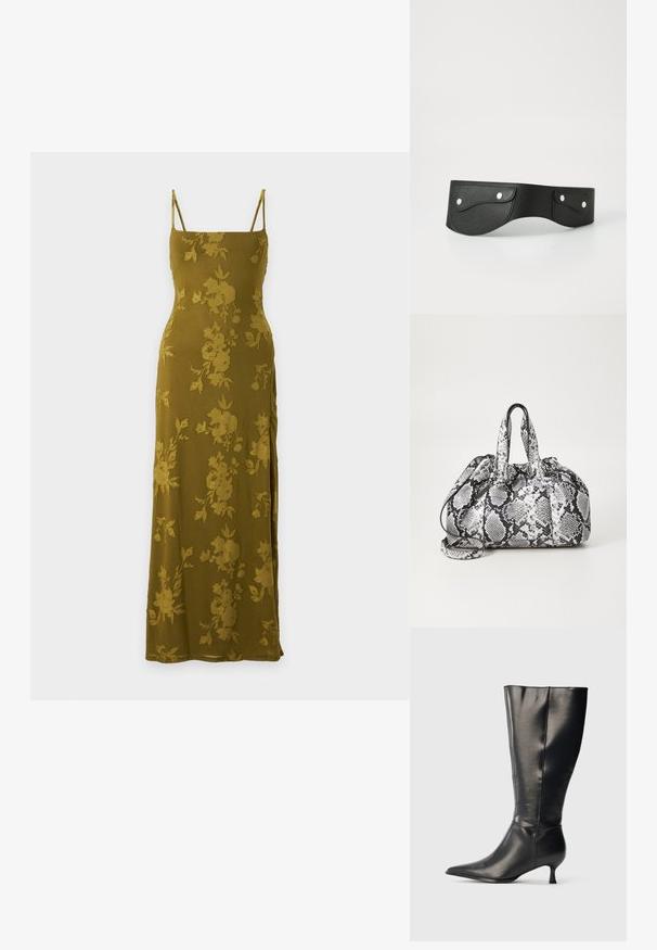 Robe maxi vert olive avec fines bretelles et un subtil motif jacquard floral, ajustée en haut et fluide en bas.; Botte en cuir noire montant jusqu'au genou, avec un bout pointu et un petit talon bas, présentée sur un fond clair uni.; Sac à main en motif peau de serpent noir et blanc avec deux poignées, une fermeture à cordon et une bandoulière amovible. Texture lisse.; Ceinture en cuir noir avec deux poches arrondies, fermées par des boutons-pression en argent. Texture lisse, design légèrement courbé.