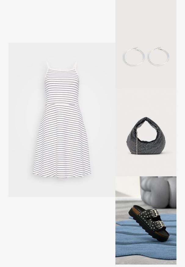 Vestido sin mangas a rayas en blanco y azul marino. Un cuerpo ajustado que se transforma en una falda acampanada. Hecho de una tela suave y ligera.; Sandalia negra tipo chancla con doble hebilla plateada, diseño con tachuelas, plantilla de corcho y suela gruesa de plataforma negra sobre una alfombra azul texturizada.; Bolso de malla negra adornado con tachuelas plateadas, con un asa curvada y una correa de cadena. Textura suave con forma redondeada.; Pareja de pendientes de aro plateados brillantes con cierres de alambre delgado, mostrados sobre un fondo gris claro.