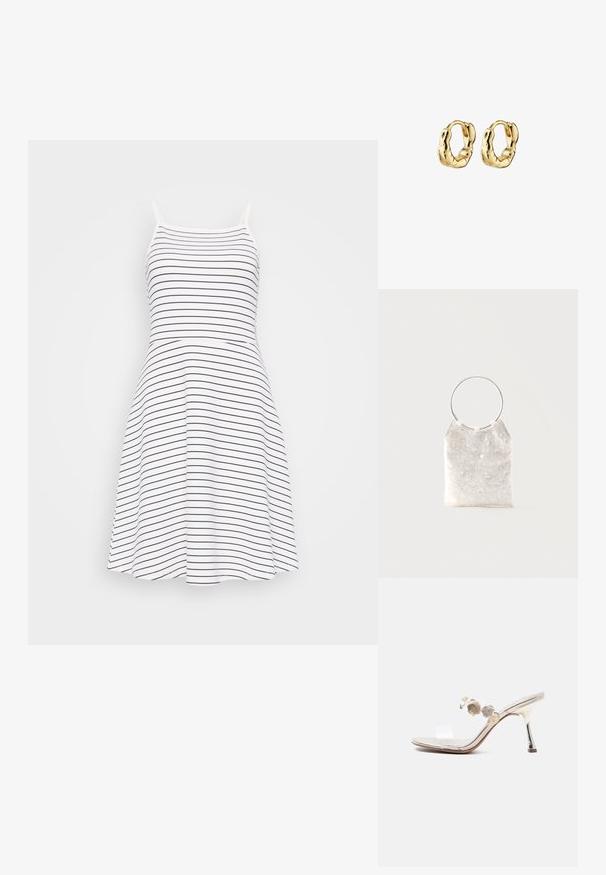 Vestido sin mangas a rayas en blanco y azul marino. Un cuerpo ajustado que se transforma en una falda acampanada. Hecho de una tela suave y ligera.; Tacón mule de punta abierta con tiras transparentes que presentan decoraciones de conchas doradas y un tacón metálico brillante de altura media.; Bolso de mano de seda blanca con lentejuelas florales plateadas y un gran asa circular metálica plateada sobre un fondo liso.; Pendientes de aro en tono dorado con un diseño texturizado e irregular. Cuentan con un cierre seguro y una superficie lisa y reflectante.