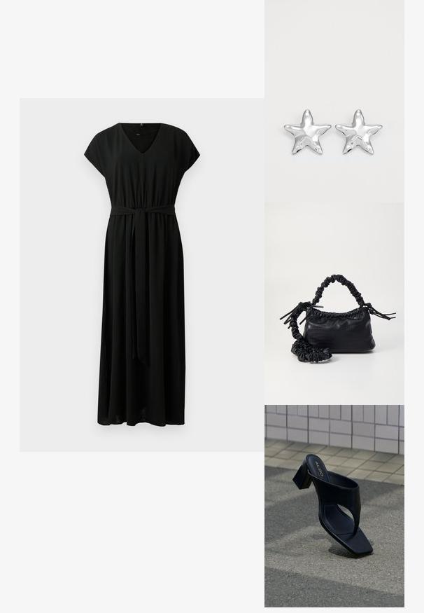 Vestido largo negro con mangas cortas, escote en V, cintura elástica y cinturón a juego. Tela suave con una silueta fluida y sin patrones visibles.; Sandalia negra de tacón con puntera cuadrada y tiras anchas, colocada sobre asfalto gris cerca de una pared con azulejos.; Bolso de mano de imitación cuero negro con textura de cocodrilo, parte superior fruncida y correa arrugada. Presenta un diseño suave y compacto.; Pendientes en forma de estrella plateada con una superficie pulida y brillante. Cada pendiente presenta cinco puntas y sutiles detalles de textura en la superficie.