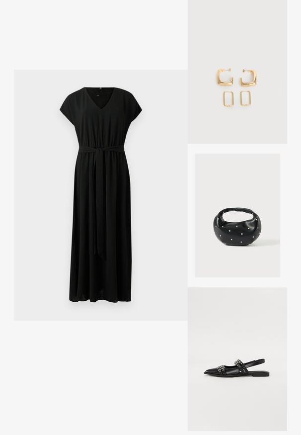 Vestido largo negro con mangas cortas, escote en V, cintura elástica y cinturón a juego. Tela suave con una silueta fluida y sin patrones visibles.; Even&Odd Bailarinas con tira trasera - black; Bolso de mano de cuero negro con forma redondeada, decorado con detalles de tachuelas plateadas y un asa corta. Textura lisa y cierre con cremallera.; Dos pares de pendientes de aro geométricos en tono dorado sobre una superficie blanca lisa, un par cuadrados y sólidos, un par rectangulares y huecos.