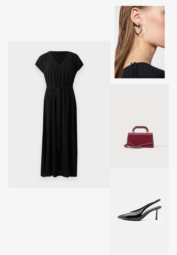 Zwarte maxi-jurk met kapmouwen, V-hals, elastische taille en bijpassende spaghetti-riem. Zacht stof met een vloeiende silhouet en geen zichtbare patronen.; Zwarte lakleren slingback hoge hak met spitse neus en smalle stilettohak op een witte achtergrond.; Kleine glanzende bordeauxrode handtas met een bovenhandvat en een afneembare schouderriem, weergegeven tegen een eenvoudige lichte achtergrond.; Zilveren oorbel met een gepolijste afwerking, met kleine gouden accentdetails en een ronde vorm, gedragen op de oorlel.