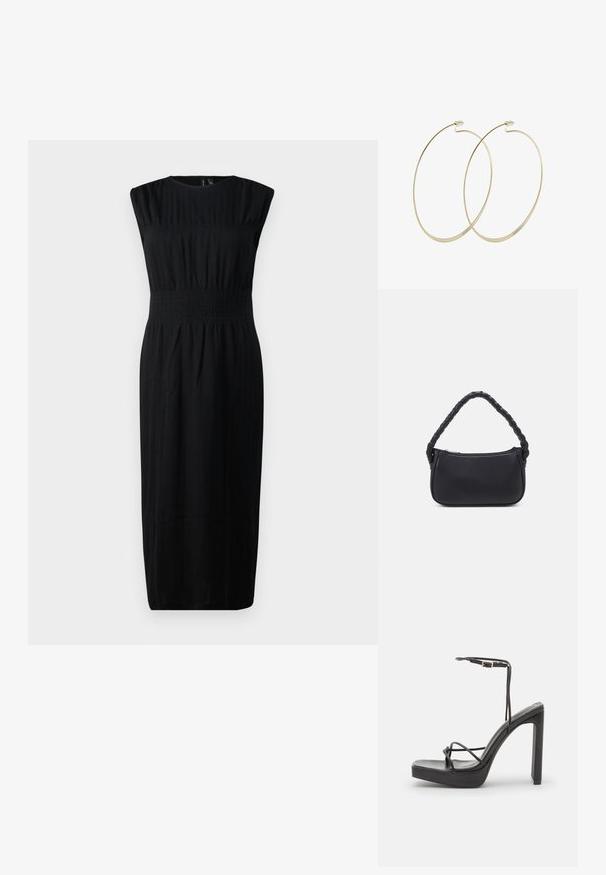 Schwarzes ärmelloses Kleid mit enganliegendem Oberteil, gerafftem Taillenbereich und geradem Rock. Hergestellt aus einem weichen, strukturierten Stoff.; DeeZee High Heel Sandalette - black; Schwarze Handtasche mit runder Form, aus glattem Material gefertigt. Verfügt über einen geflochtenen Griff und einen Reißverschluss für sicheren Stauraum.; Pilgrim Ohrringe - gold-coloured