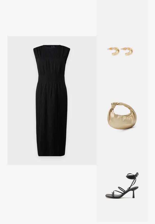 Schwarzes ärmelloses Kleid mit enganliegendem Oberteil, gerafftem Taillenbereich und geradem Rock. Hergestellt aus einem weichen, strukturierten Stoff.; Schwarze Sandale mit Riemchen, quadratischer Zehenpartie, verstellbaren Knöchelbindungen und einem schmalen Blockabsatz. Hergestellt aus einem glatten, strapazierfähigen Material.; Goldfarbene Metall-Handtasche mit glatter, glänzender Textur. Verfügt über einen geknoteten Griff und eine abgerundete, weiche Form. Reißverschlussverschluss an der Oberseite.; Goldene, mondförmige Ohrringe mit glatter Oberfläche, die orangefarbene Akzente nahe dem Stecker und silberne Beschläge aufweisen.