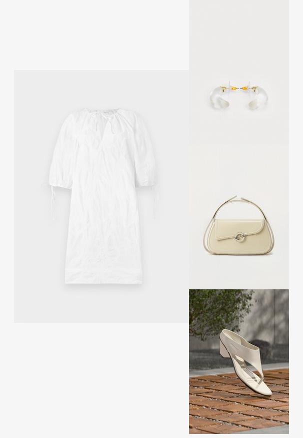 Robe blanche avec de courtes manches bouffantes, tissu texturé, décolleté en V et liens réglables aux poignets. Surface lisse, design arrivant au genou.; Sandale à talon en cuir blanc avec une large bride et un entre-doigts, exposée en extérieur sur une surface carrelée en bois et en gravier avec de la verdure en arrière-plan.; Sac à main en cuir crème avec rabat incurvé, fermoir circulaire en argent et poignée courte sur le dessus, sur fond blanc uni.; Boucles d'oreilles en acrylique transparent avec accents dorés, présentant un design incurvé et un fermoir transparent. Texture lisse, style minimaliste.