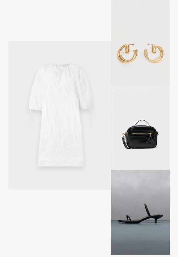 Hvid kjole med korte puffærmer, tekstureret stof, en v-udskæring og justerbare bånd ved ærmerne. Glat overflade, knælængde design.; Sort Calvin Klein sandal med hæl og tynde stropper, balancerende på træfliser udendørs nær en væg og grønne planter.; Kompakt crossbody-taske i sort læder med gyldent lynlås, lille topstrop, aftagelig rem og sort blomsterformet vedhæng på frontlommen.; Par af skinnende gyldne dobbelt loop øreringe med stift-lukning på hvid baggrund.