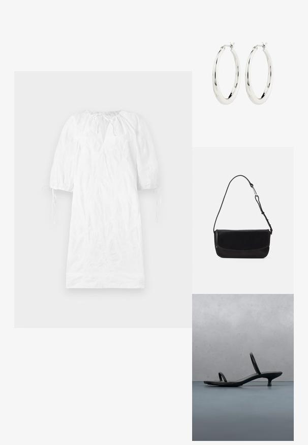 Hvid kjole med korte puffærmer, tekstureret stof, en v-udskæring og justerbare bånd ved ærmerne. Glat overflade, knælængde design.; Sort Calvin Klein sandal med hæl og tynde stropper, balancerende på træfliser udendørs nær en væg og grønne planter.; Vagabond DEIA - Håndtasker - black; Sølvøreringe i form af hoops med en glat, blank finish. Cirkulær form, der har en sikker lås. Simpelt og elegant design.