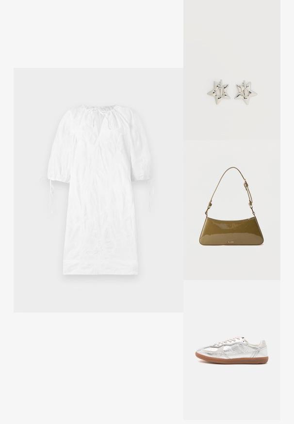 Hvid kjole med korte puffærmer, tekstureret stof, en v-udskæring og justerbare bånd ved ærmerne. Glat overflade, knælængde design.; Lavtop sneaker med metallisk sølv øvre, beige snørebånd og gummisål på en ensfarvet lys baggrund.; Lille skuldertaske i olivengrønt laklæder med justerbar rem og guld ALDO-logo på fronten.; Sølv stjerneformede øreringe med en glat, poleret finish på en ensfarvet hvid baggrund.