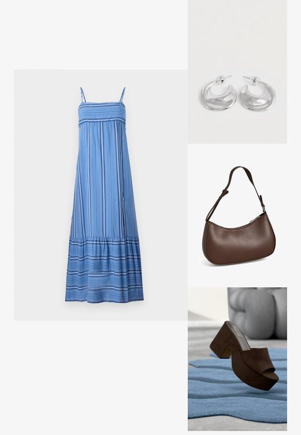 Hollister Co. BABYDOLL MAXI - Maxi šaty - dark blue/white; Hnedý semišový platformový mule topánok zobrazený na textúrovanom modrom koberci so sivou abstraktnou sochou v pozadí.; Malá hnedá kožená kabelka cez rameno s nastaviteľným popruhom a zapínaním na zips, zobrazená na bielom pozadí. Bez viditeľného loga alebo ozdôb.; Pár lesklých strieborných náušníc v tvare polkruhu s priehľadnými plastovými zátkami na bielom povrchu.