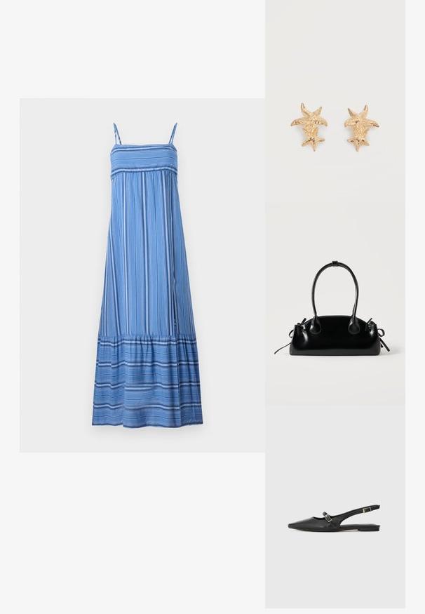 Hollister Co. BABYDOLL MAXI - Maxi šaty - dark blue/white; Čierne kožené topánky so špičatou špičkou, s úzkym remienkom a striebornou prackou na boku. Plochá podrážka.; Malá čierna lesklá kabelka s dvoma dlhými rúčkami a bočnými šnúrkovými detailmi na jednoduchom svetlom pozadí.; Náušnice zlatistej farby s dvoma štruktúrovanými tvarmi morských hviezd, jednou väčšou a jednou menšou, na každom náušnici na bielom pozadí.