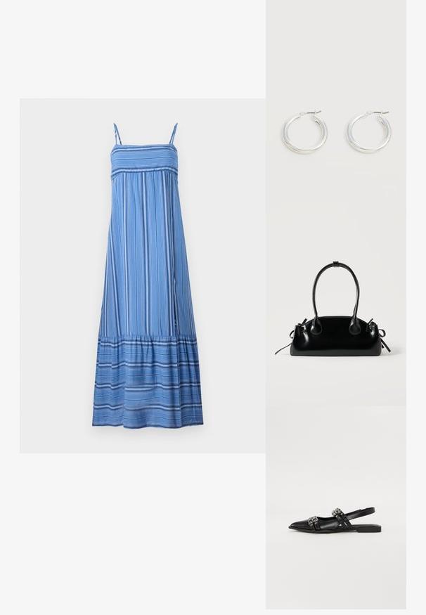 Hollister Co. BABYDOLL MAXI - Maksikleit - dark blue/white; Even&Odd by Zalando Kannarihmaga baleriinad - black; Väike must läikiv käekott kahe pika sangaga ja külgedel paelakinnitustega, ühel lihtsal helel taustal.; Keskmise suurusega läikivad hõbedased rõngakujulised kõrvarõngad õhukeste metallist kinnitustega heledal neutraalsel taustal.