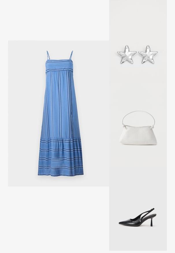 Hollister Co. BABYDOLL MAXI - Maxi šaty - dark blue/white; Čierna kožená sandálová vysoká topánka s špicatou špičkou a štíhlým podpätkom na bielom pozadí.; Biela tkaná kožená kabelka s okrúhlou rukoväťou a uzlovými koncami popruhov, vystavená na jednoduchom pozadí.; Strieborné náušnice v tvare hviezd s lesklým, hladkým povrchom. Každá náušnica má päť hrotov a jemné detaily povrchovej textúry.