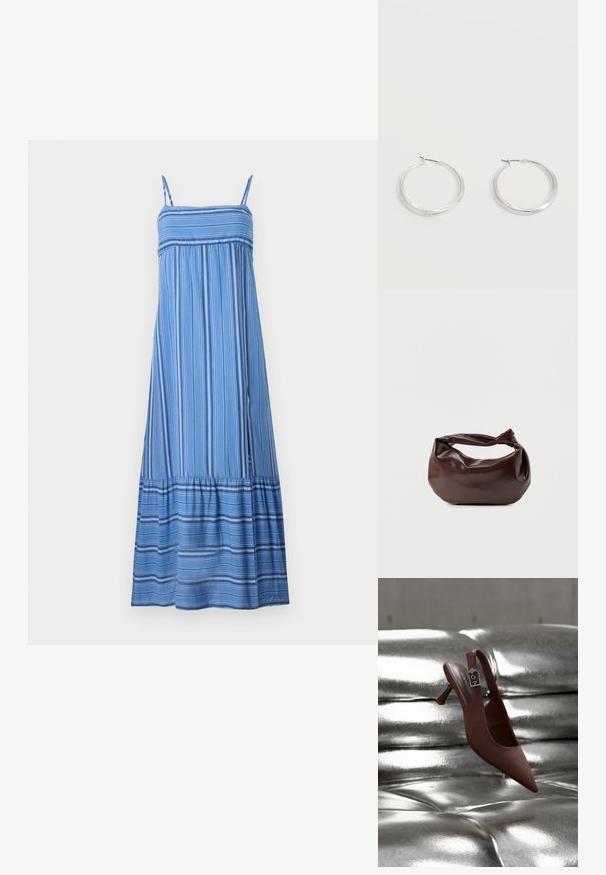 Hollister Co. BABYDOLL MAXI - Maxi šaty - dark blue/white; Hnedá špicatá dámska obuv typu slingback s nízkym opätkom a prackou, položená na lesklom, kovovo striebornom prešívanom povrchu.; Tmavohnedá kožená kabelka cez rameno s mäkkým, voľným tvarom a držadlom v podobe skrúteného uzla na jednoduchom bielom pozadí.; Strieborné kovové kruhové náušnice s hladkým, mierne zakriveným povrchom a zapínaním na poistku na jednoduchom bielom pozadí.