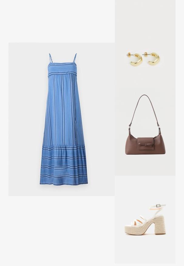 Hollister Co. BABYDOLL MAXI - Μάξι φόρεμα - dark blue/white; Λευκή πλατφόρμα σανδάλι με πλεκτή φτέρνα και σόλα από σχοινί, τρία μπροστινά λουριά και λουρί στον αστράγαλο με ασημί πόρπη.; Καφέ δερμάτινη τσάντα ώμου με μπροστινή τσέπη με καπάκι, διακοσμημένη με ραμμένη λεπτομέρεια φιόγκου και ρυθμιζόμενο λουρί.; Χρυσά σκουλαρίκια σε καμπυλωτό, παχιό σχέδιο με λείο υφάλμισμα. Διαθέτουν κούμπωμα με βέργα και στρογγυλεμένες άκρες.