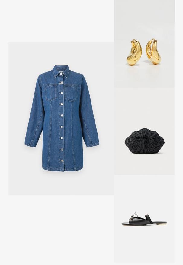 CLOSED FITTED DRESS - Denimové šaty - mid blue; Čierna kožená sandála s plochou podrážkou, štvorcovou špičkou, predným šnurovaním a tenkým remienkom okolo členka na bielom pozadí.; Čierna prútená kabelka v tvare mušle s oblým horným okrajom a tkanou textúrou na jednoduchom pozadí.; Zlaté kruhové náušnice s hladkým, zakriveným tvarom a lesklým povrchom. Majú uzatvárací mechanizmus a jemné prehlbenia pre detail.