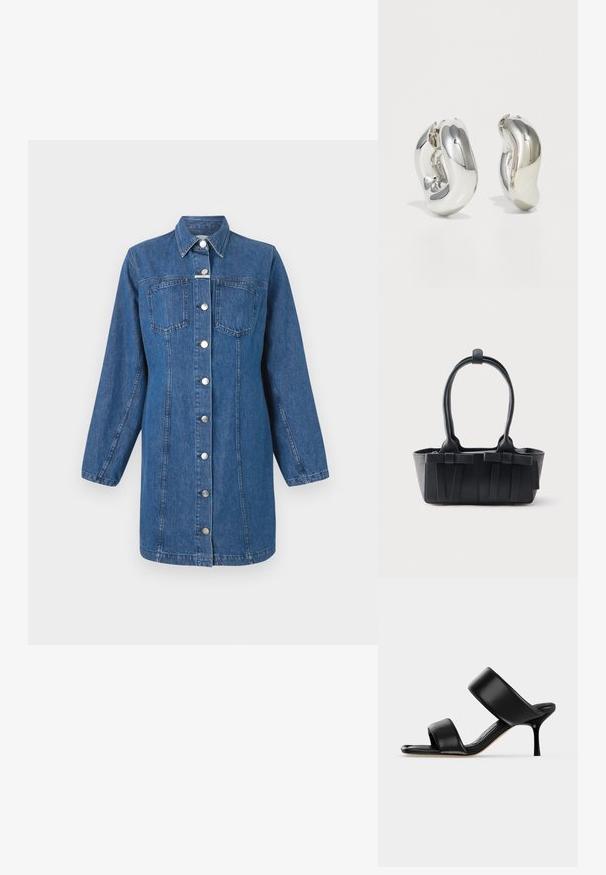 CLOSED FITTED DRESS - Robe en jean - mid blue; Sandale mule en cuir noir avec deux larges brides et un talon stiletto fin de hauteur moyenne sur un fond clair uni.; Sac à main en cuir noir avec deux poignées, sangles décoratives et une base rectangulaire sur un fond uni clair.; Boucles d'oreilles sculpturales en argent avec des formes douces et courbes et des surfaces réfléchissantes. Présentent un design de boucle fermée et une forme organique distincte.