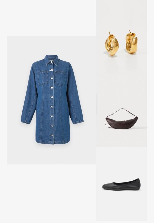 CLOSED FITTED DRESS - Denimové šaty - mid blue; Čierne kožené baleríny s okrúhlou špičkou, hladkým povrchom, minimálnym prešívaním a flexibilným dizajnom podrážky.; Tmavohnedá kožená polmesiacová taška na rameno s oblúkovým pásikom a viditeľným prešitím na jednofarebnom pozadí.; Masívne zlaté kruhové náušnice s jemne skrúteným, rúrkovým dizajnom a uzávermi na zadnej strane na bielom pozadí.