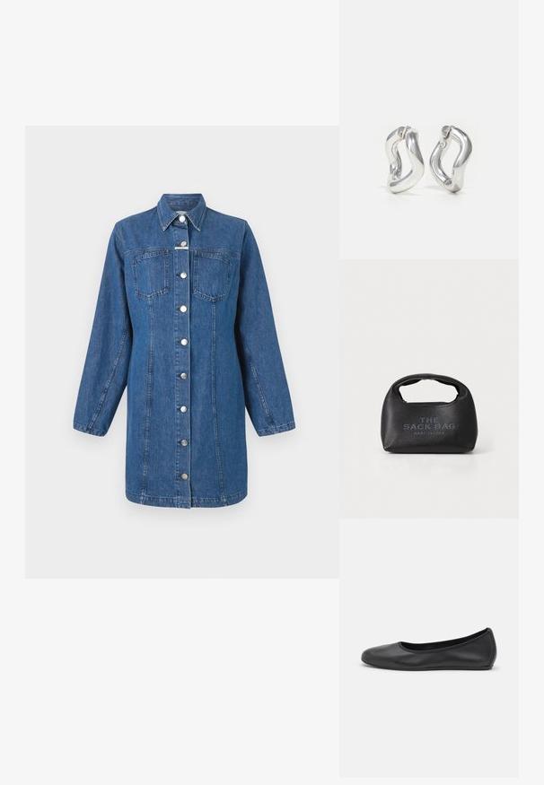 CLOSED FITTED DRESS - Denimové šaty - mid blue; Čierne kožené baleríny s okrúhlou špičkou, hladkým povrchom, minimálnym prešívaním a flexibilným dizajnom podrážky.; Čierna kožená kabelka s textúrovaným povrchom a štruktúrovaným tvarom, s krátkym rúčkou a embosovaným textom "THE SACK BAG" na prednej strane. Zipsové uzatváranie na vrchu.; Strieborné kruhové náušnice so skrúteným dizajnom. Zaoblené okraje a lesklý povrch. Otvorené zapínanie pre jednoduché nosenie. Hladká textúra po celej ploche.