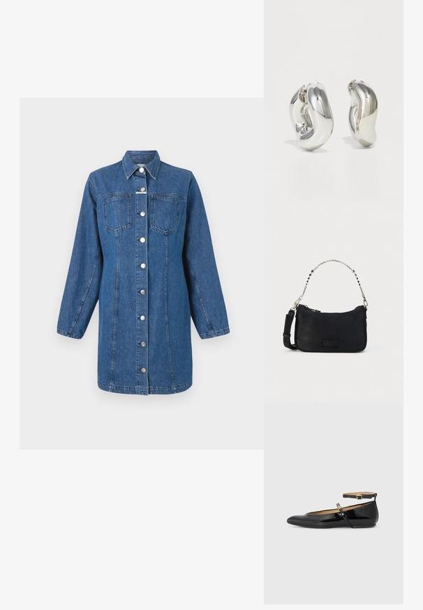 CLOSED FITTED DRESS - Denimové šaty - mid blue; Čierne lakované baletky s okrúhlou špičkou, remienkom okolo členku a malým detailom pracky. Hladká textúra a minimalistický dizajn.; Čierna látková kabelka na rameno s horným zipsovým uzáverom, reťazovým a koženým remienkom a textúrovanou nášivkou s logom na prednej strane. Má hladký vonkajší povrch.; Strieborné sochárske náušnice s hladkými, zakrivenými tvarmi a reflexnými povrchmi. Obsahujú uzavretý kruhový dizajn a výraznú organickú formu.