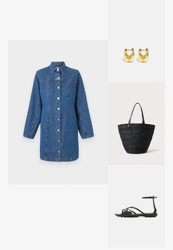 CLOSED FITTED DRESS - Denimové šaty - mid blue; Čierna plochá sandála s tenkými remienkami krížiacimi sa cez prsty a remienkom na členok so sponou, s mierne textúrovanou podrážkou pre lepšiu trakciu.; Čierna tkaná taška typu tote s dvoma tenkými koženými rúčkami a jemným pleteným logom vpredu, stojaca na svetlom pozadí.; Zlaté kruhové náušnice s elegantným, zaobleným dizajnom. Majú prázdne vnútro a lesklý povrch, ktorý dopĺňa moderné štýly.