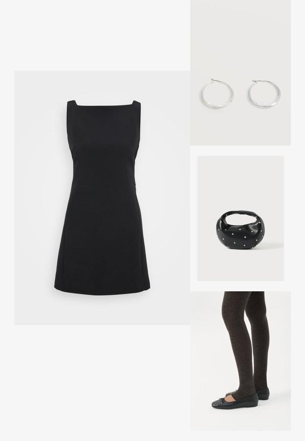 Musta hihaton mekko neliönmallisella kaula-aukolla, A-linjaisella leikkauksella ja sileällä pinnalla, joka on minimalistinen ilman kuvioita tai koristeita.; Jalat, joissa tummat ribbineuleiset leggingsit yhdistettynä mustiin balettitossuihin, joissa on pienet rusettikoristeet valkoisella taustalla.; Musta nahkainen käsilaukku, jossa on pyöreä muoto, koristeltu hopeisilla niittikoristeilla ja lyhyt kahva. Sileä pinta ja vetoketjullinen suljenta.; Hopeiset metalliset renkaskorvakorut, joissa on sileä, hieman kaareva pinta ja lukolliset takakiinnitykset yksinkertaisella valkoisella taustalla.