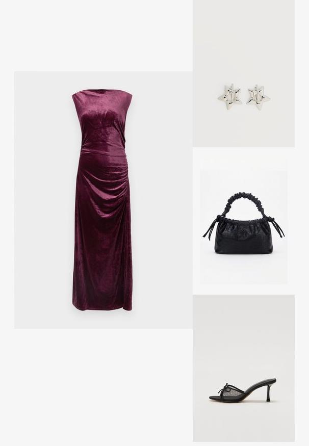 Robe de soirée sans manches en velours violet foncé avec un col haut et un détail froncé sur le côté droit, longueur jusqu'au sol.; Mule noir à talons avec un dessus en mesh, des fines brides et un nœud décoratif. Équipé d'un talon fin et pointu ainsi que d'une semelle intérieure texturée.; Sac à main noir avec texture crocodile, bord supérieur froncé, poignée plissée et pompons à cordon de chaque côté sur fond blanc.; Boucles d’oreilles créoles en forme d’étoile argentée avec une finition lisse et polie sur un fond blanc uni.