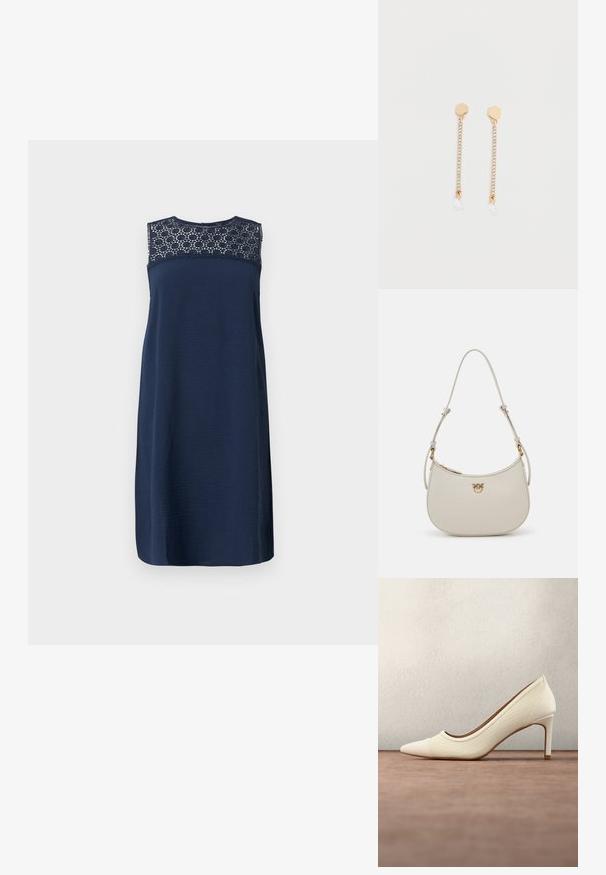 Vestido sin mangas azul marino con un cuerpo texturizado y detalles de encaje en el escote. Diseño de corte recto, de longitud a la rodilla y con un acabado suave.; Zapato blanco de tacón alto con tela texturizada y punta afilada, flotando sobre un suelo alfombrado gris con fondo de cristal desenfocado.; Bolso de piel beige con forma curvada, emblema en oro y correa ajustable. Textura suave con cierre de cremallera en la parte superior.; Los pendientes colgantes de tono dorado presentan un poste hexagonal, una línea de rhinestones transparentes y una gota de cristal redondeada al final de cada pendiente.