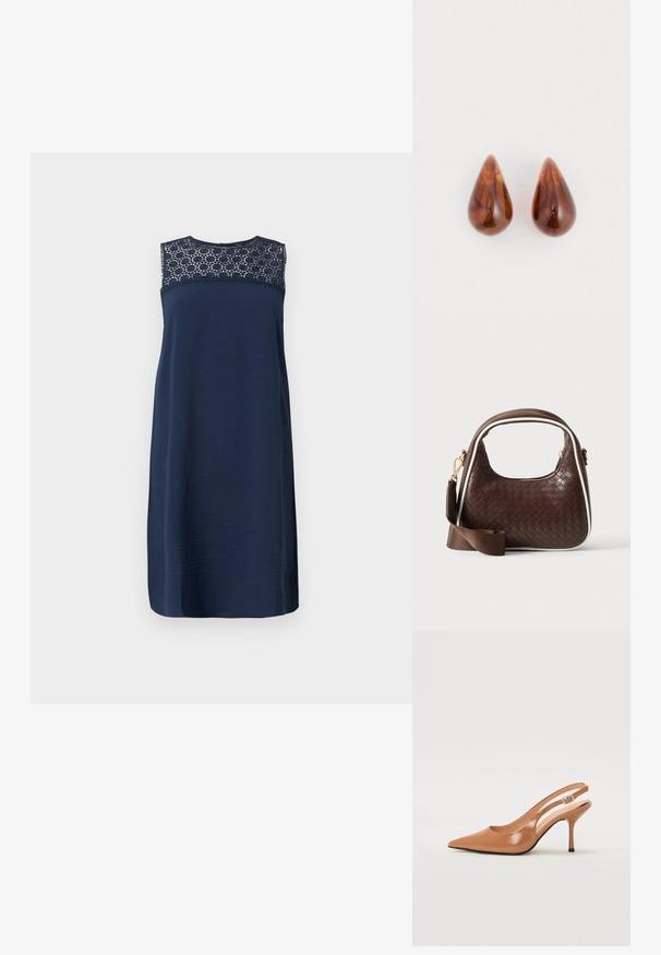 Vestido sin mangas azul marino con un cuerpo texturizado y detalles de encaje en el escote. Diseño de corte recto, de longitud a la rodilla y con un acabado suave.; Zapato de tacón tipo slingback con punta afilada en un material suave y brillante de color marrón. Presenta un diseño con corte curvado y un tacón de aguja delgado. Detalle de hebilla plateada.; Bolso de mano de piel trenzada marrón con ribete blanco, cremallera dorada y correa de hombro de tela marrón desmontable.; Paare de pendientes brillantes de color marrón en forma de lágrima con sutiles patrones más oscuros sobre un fondo blanco.